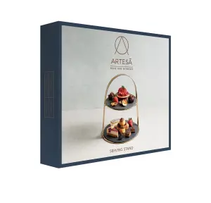 Artesa 2-Tier Brass Cake Display Serving Stand with Round Slate Platters Base