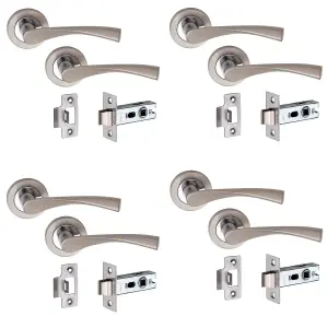 4 Pairs of Golden Grace Astrid Door Handle On Round Rose, 2.5" Tubular Latch, Dual Finish, Satin Nickel/Polished Chrome