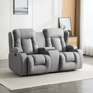 Caesar 2 Seater Grey Technology Fabric Modern Manual Recliner Sofa W Drinks Console