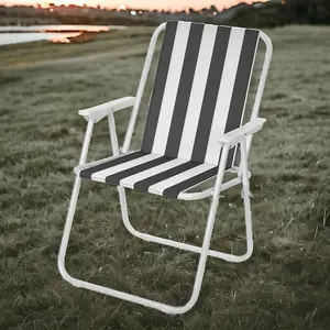 URBNLIVING 76cm Height 2pcs Black & White Stripe Garden Patio Metal Folding Chairs Camping Beach Picnic Outdoor Seats