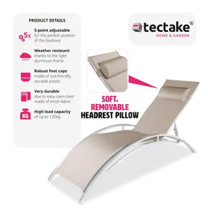 Sun Lounger Set of 2 Alina - 5-step backrest, head cushion, aluminium frame - beige