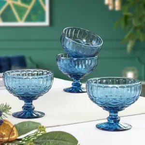 Set of 4 Vintage Sapphire Blue Glass Trifle Bowl and Dessert Bowls