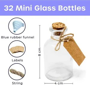 50ml Small Glass Bottles with Corks, Custom Labels, Funnel - 32 Pack for Wedding Favours, Craft Projects & Party Shots