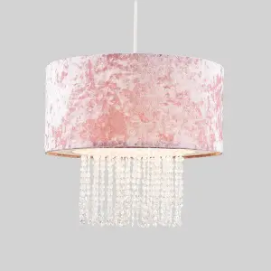 ValueLights Boland Pair of Boland Pink Velvet Cylinder Ceiling Pendant Light Shades with Clear Acrylic Droplets