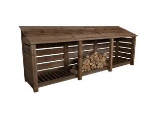 Slatted wooden log store W-335cm, H-126cm, D-88cm - brown finish