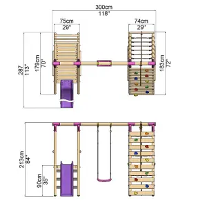 Rebo Wooden Swing Set with Deck and Slide plus Up and Over Climbing Wall - Amber Pink