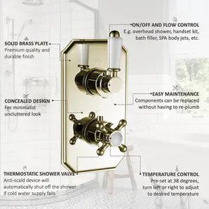 ENKI Regent English Gold White Traditional Crosshead Single Outlet Brass Thermostatic Twin Shower Valve TSV035