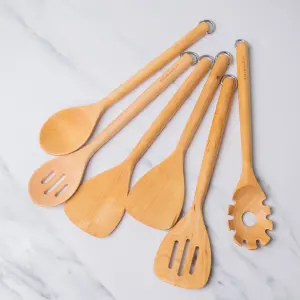 6pc Eco-Friendly Birchwood Utensil Set with Basting Spoon, Slotted Spoon, Short Turner, Solid Turner & Pasta Server