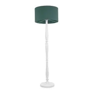 ValueLights Victoria Traditional White Wood Candlestick Floor Lamp with Forest Green Drum Shade