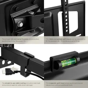 Television Bracket - 26-75 inch screens, extendable, tilt, swivel TV wall mount - black