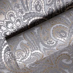 Galerie Adonea Ares Grey Copper Metallic Damask 3D Embossed Wallpaper Roll