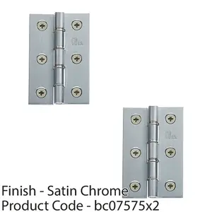 2 PACK - PAIR Double Steel Washered Butt Hinge - 76 x 50mm Satin Chrome Door Fixing