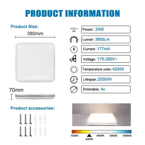 24W LED Square Ceiling Light, Neutral white 4200K, 2600 Lumen