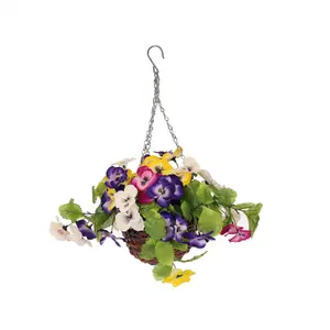 Oypla Artificial Garden Hanging Wicker Basket with Multicoloured Pansy Flowers