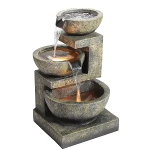 Primrose Kendall Stone Effect 3-Tier Cascading Garden Fountain Water Feature with Lights H62cm