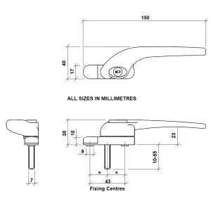 W98 Slimline Espag Window Handle, White, Right Handed, Fits 10mm, 20mm, 30mm, 40mm Spindle Lengths