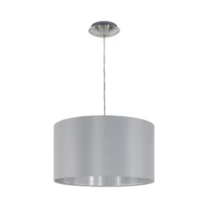 Pendant Ceiling Light Colour Satin Nickel Steel Shade Grey Silver Fabric Bulb E27 1x60W