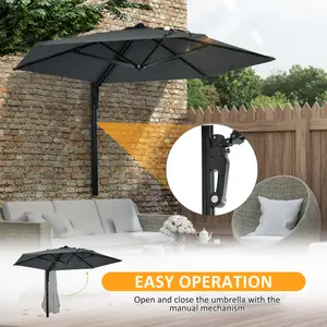 Outsunny Wall-Mounted Parasol Patio Umbrella with Hand to Push System Dark Grey