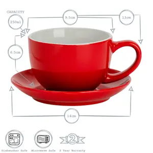 Argon Tableware - Coloured Cappuccino Cup & Saucer Set - 250ml - Red