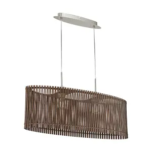 Pendant Ceiling Light Colour Satin Nickel Shade Brown Wood Bulb E27 2x60W