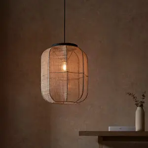 Luminosa Zaire Single Pendant Ceiling Lamp, Natural Linen, Matt Black