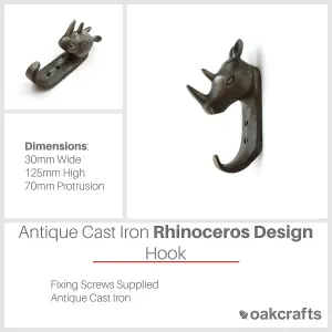 Oakcrafts - Antique Cast Iron Rhinoceros Single Hook - 125mm