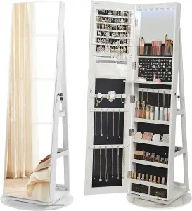 SONGMICS Full-Length Mirror Jewellery Cabinet with 6 LEDs, Free-Standing Frameless Design, Lockable, White Surface, Black Lining