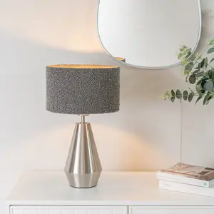 ValueLights Jax Silver Metal Touch Dimmer Table Lamp with Charcoal Grey Boucle Shade