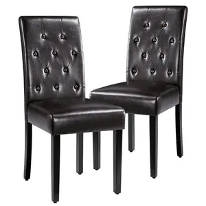 Button Tufted Padded Faux Leather Dining Chair with Solid Wood Legs (Set of 2) Dark Brown