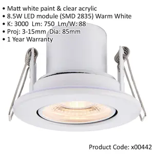 Recessed Tiltable Ceiling Downlight - Dimmable 8.5W Warm White LED - Matt White