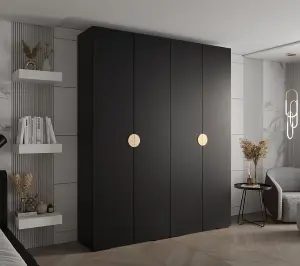 Stylish Black Inova 4 Hinged Door Wardrobe W2000mm H2370mm D470mm - Customisable Storage with Gold Round Handles