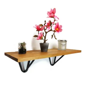 Solid Pine Rustical Shelf Light Oak Black Hairpin Bracket Style 25x110cm