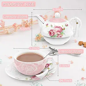 London Boutique Tea for One Teapot Teacup Saucer Set Afternoon Tea Set for 1 New Bone China (Pink)