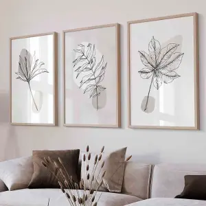 Set of 3 Grey and Beige Botanical Sketch Leaves Wall Art / 42x59cm (A2) / Black Frame