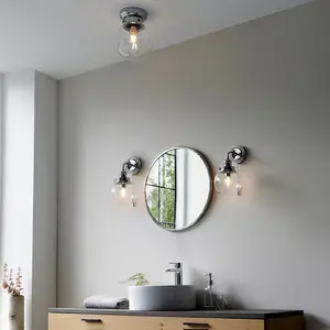 Decorative Flush Bathroom Ceiling Light Fitting - Clear Glass Shade - Dimmable