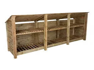 Wooden log store (roof sloping back) with kindling shelf W-335cm, H-126cm, D-88cm - natural (light green) finish