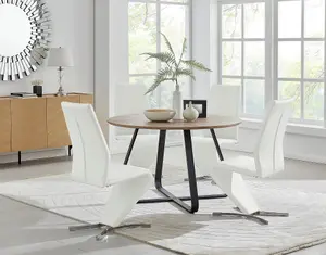 Furniturebox UK Santorini Brown Wood Contemporary Round Round Dining Table And 4 White Willow Chairs Set