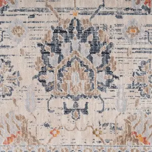 Beige Blue Traditional Floral Bordered Soft Fringed Runner Rug 60x240cm