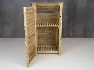 Wooden log store (roof sloping back) with door and kindling shelf W-99cm, H-180cm, D-88cm - natural (light green) finish