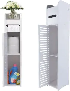 Floor Cabinet,Waterproof FreeStanding White Slim Bathroom Storage Unit with Daily Use Layer and 1 Cupboard Door,Multi-purpose