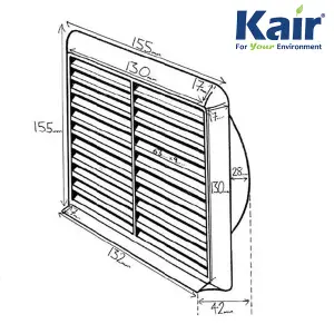 Kair White Louvred Wall Vent Grille 155mm External Dimension with Flyscreen and Round 100mm - 4 inch Rear Spigot