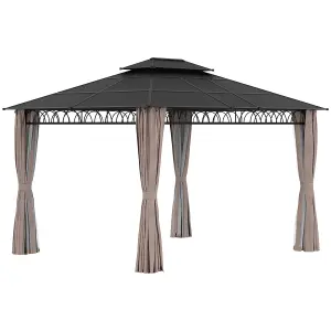 Outsunny 3.6 x 3 (m) Double Roof Hard Top Gazebo with Nettings & Curtains