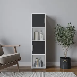 URBNLIVING 119cm Height 4 Cube Bookcase White Wooden Black Door Metal Handle Display Storage Shelf