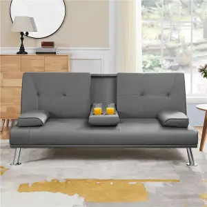 Yaheetech Dark Grey Faux Leather Convertible Sofa Bed with Drop-down Cup Holders and Pillows