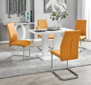 Furniturebox UK 4 Seater Dining Set - Imperia White High Gloss Dining Table and Chairs - 4 Mustard Lorenzo Chrome Dining Chairs