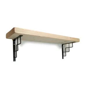 Solid Wood Handmade Rustical Shelf Unprimed 175mm 7 inch with Black Metal Bracket SQUARE Length of 30cm