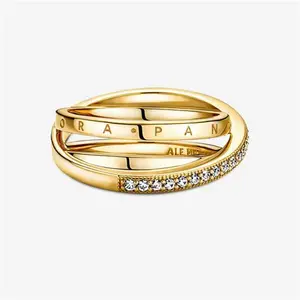 Pandora Crossover Pavé Triple Band Ring - 14K Gold Plating / Cubic Zirconia - Sz. 52