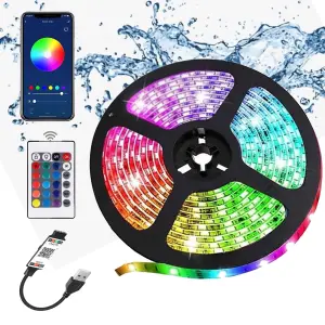 5m Waterproof Smart RGB LED Strip Lights - USB-Powered - Bluetooth and Remote-Controlled