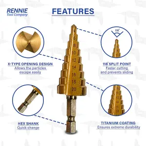 Rennie Tools 3 Piece HSS Step Drill Bit Set + Storage Pouch / 3-12mm 4-12mm 4-20mm / Titanium (TiN) Coated Cone Hole Cutter