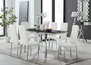 Enna Black Glass Extending Dining Table and 6 White Milan Chairs